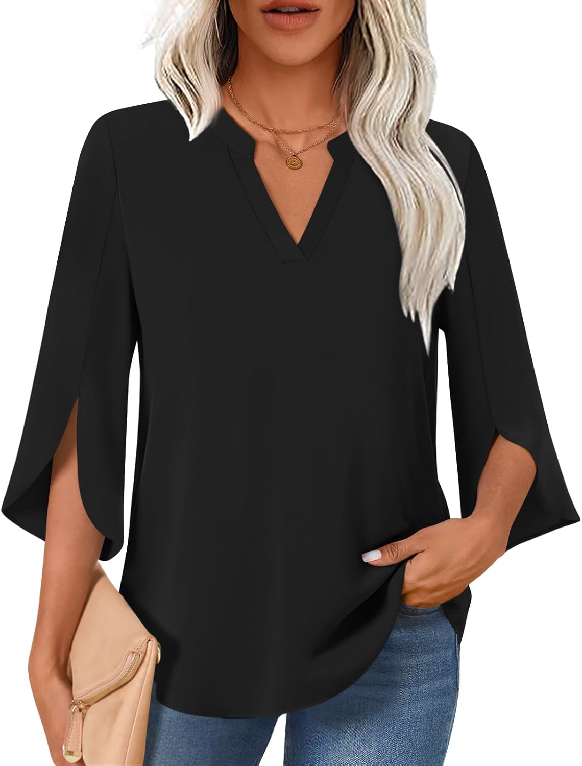 Women Blouses Dressy Casual 3/4 Sleeve Tops Business Work Chiffon Office V Neck Shirts M-3XL