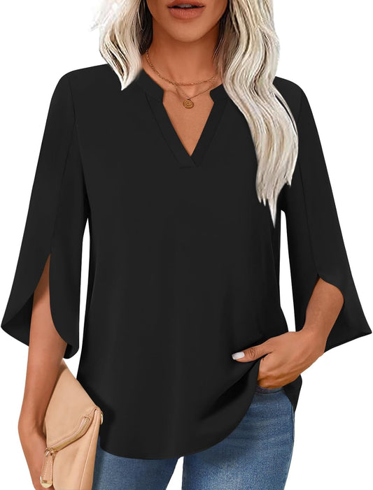 Women Blouses Dressy Casual 3/4 Sleeve Tops Business Work Chiffon Office V Neck Shirts M-3XL