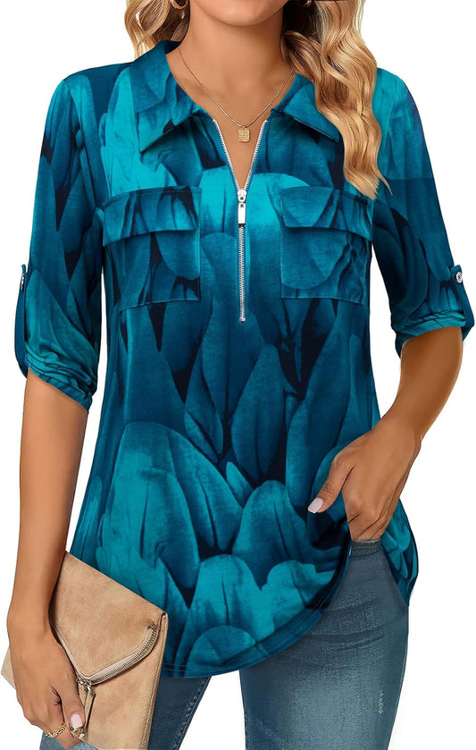 Bulotus Women's 3/4 Sleeve Collared Blouses Business Casual Tops Zip Front V Neck Work Shirts Loose Fit Tunic Tops
