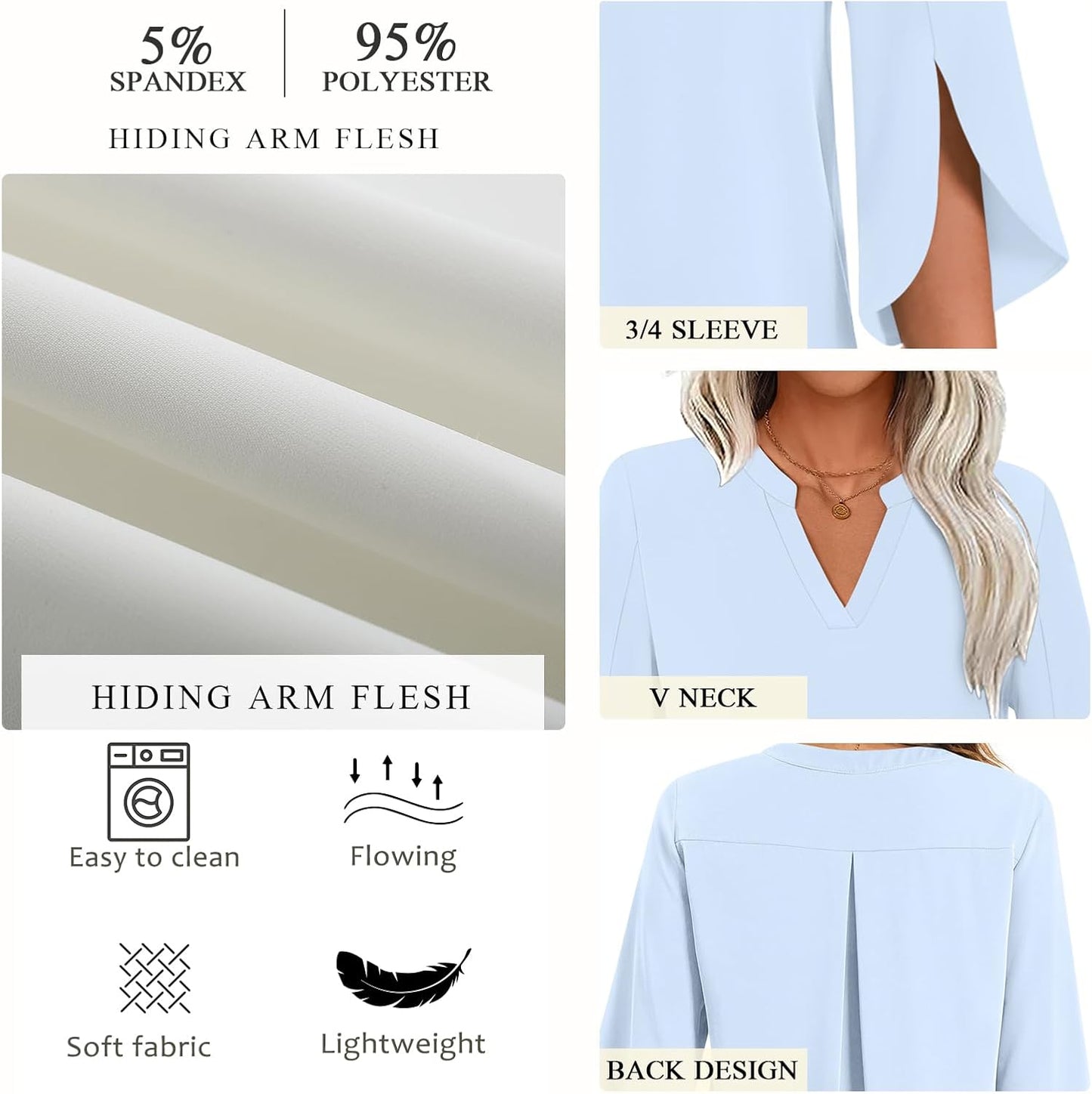 Women Blouses Dressy Casual 3/4 Sleeve Tops Business Work Chiffon Office V Neck Shirts M-3XL
